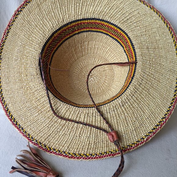 Handwoven Unisex Large Brim Straw Hat with Leather Tethers African Straw Hat - Picture 4 of 9